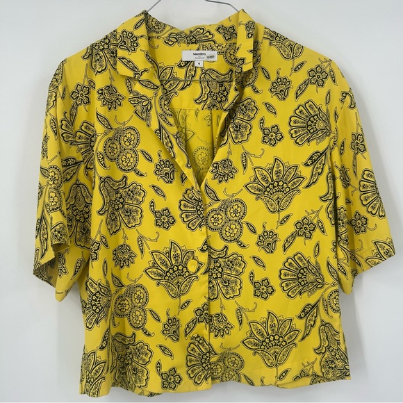 Saunders Collective Shirt Women’s Size 4 Yellow Black Floral Short Sleeve Boxy - Picture 1 of 6